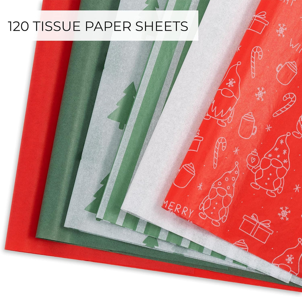 Beautiful Christmas Tissue Wrapping Paper Sheets for Gift Bags - Set of 120 Quality Tissue Papers with 6 Festive
