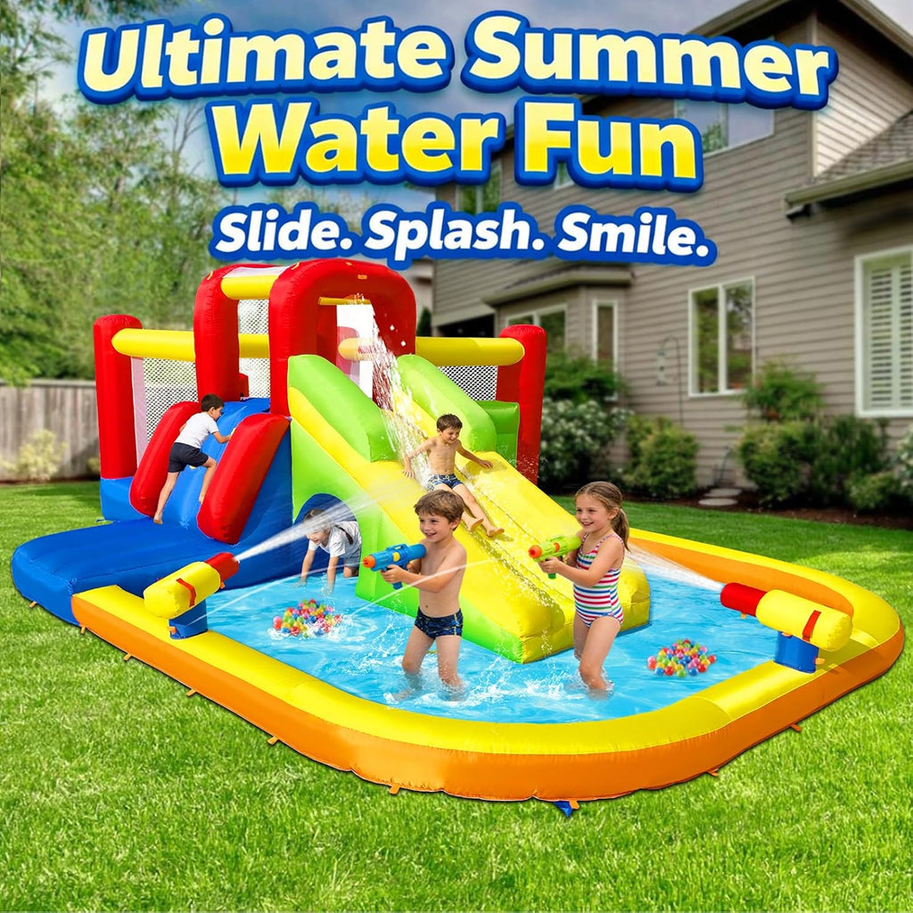 Inflatable Water Slide Bounce House for Kids, 12-In-1 Water Park with Splash Pool, Double Cannons, 2 Climbing Walls