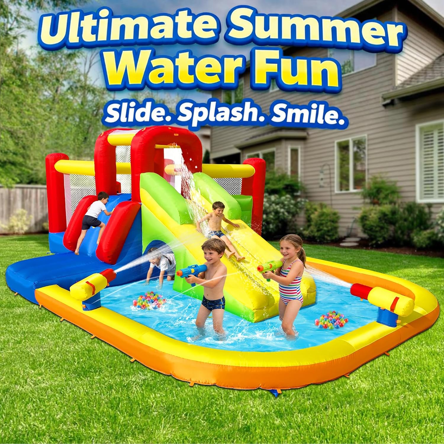 Inflatable Water Slide Bounce House for Kids, 12-In-1 Water Park with Splash Pool, Double Cannons, 2 Climbing Walls