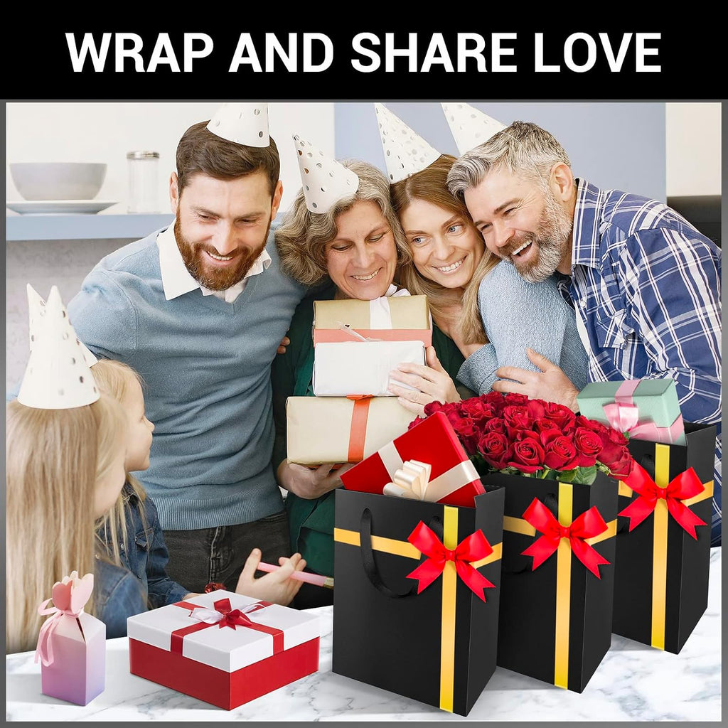 Shopping Bags for Boutique, 20pcs 7.8" x 3.9" x 11" Medium Sturdy Black Kraft Paper Gift Bags with Cloth Handle Bulk