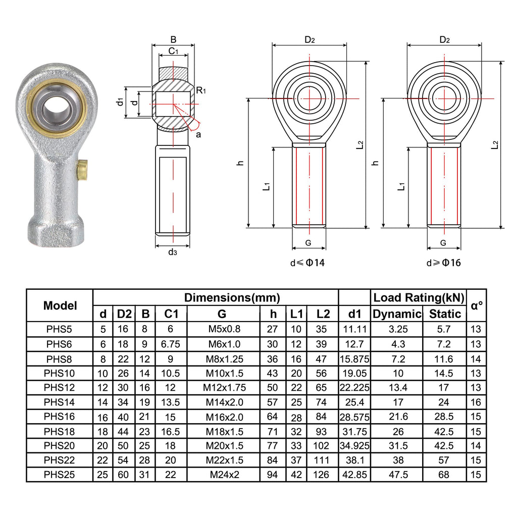 uxcell PHS16 Spherical Rod End Bearing 16mm Bore Self-Lubricated Joint Bearing M16x2.0 Right Hand Female Thread Connector