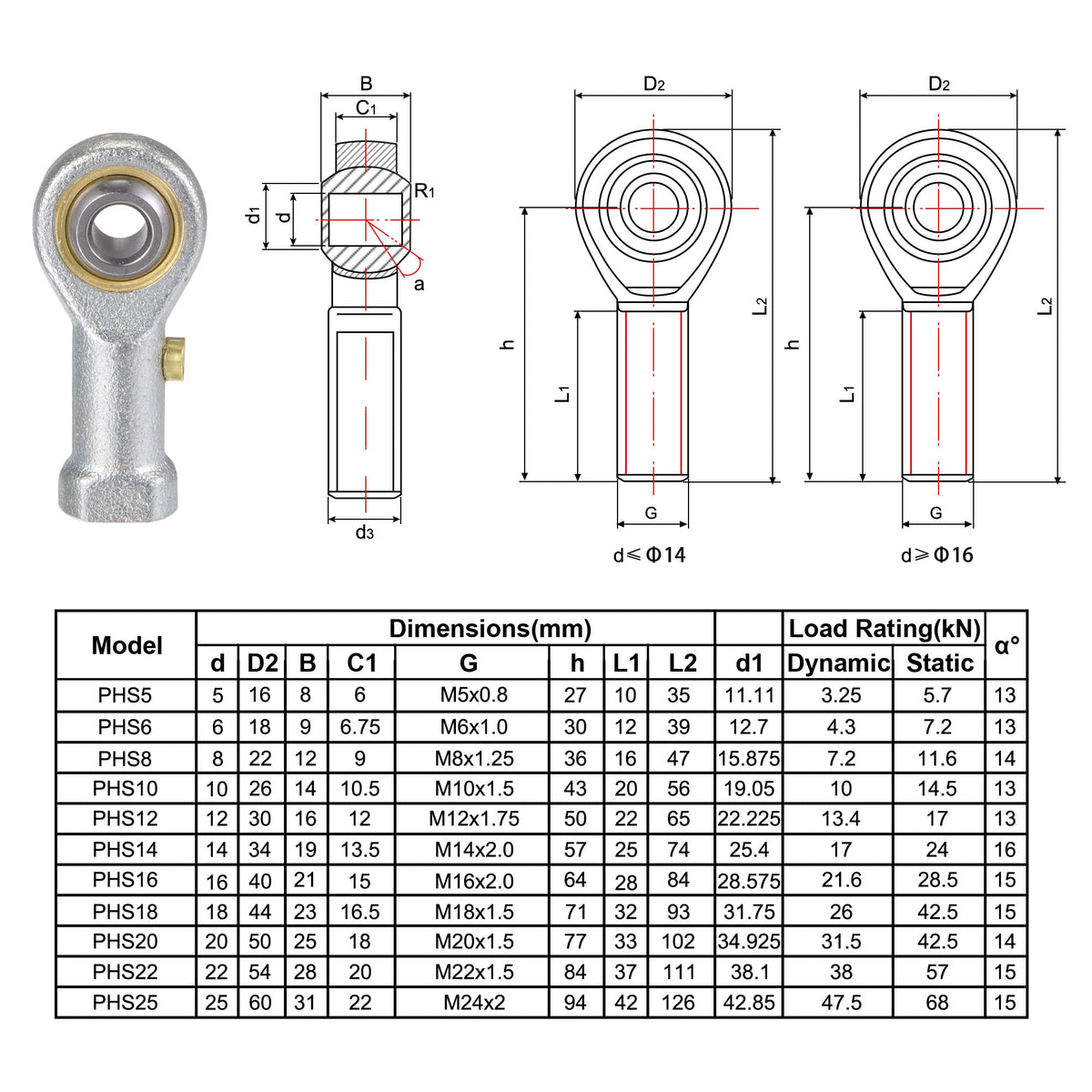 uxcell PHS16 Spherical Rod End Bearing 16mm Bore Self-Lubricated Joint Bearing M16x2.0 Right Hand Female Thread Connector
