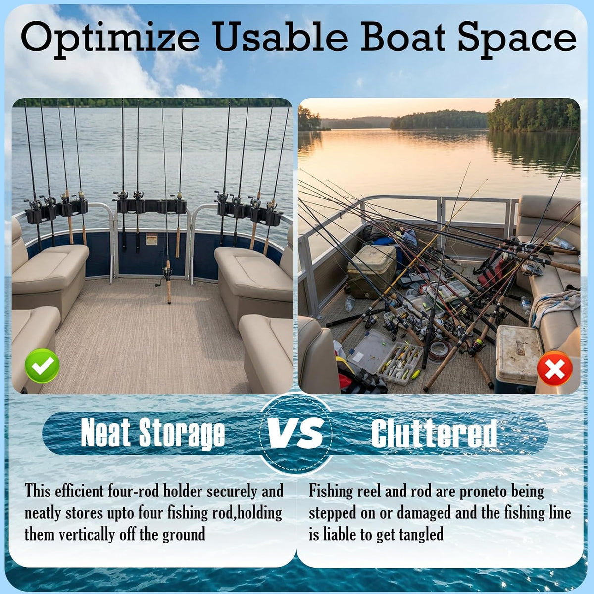 Pontoon Boat Rod Holders, Adjustable Clamp-On Square Rail Fishing Pole Rack