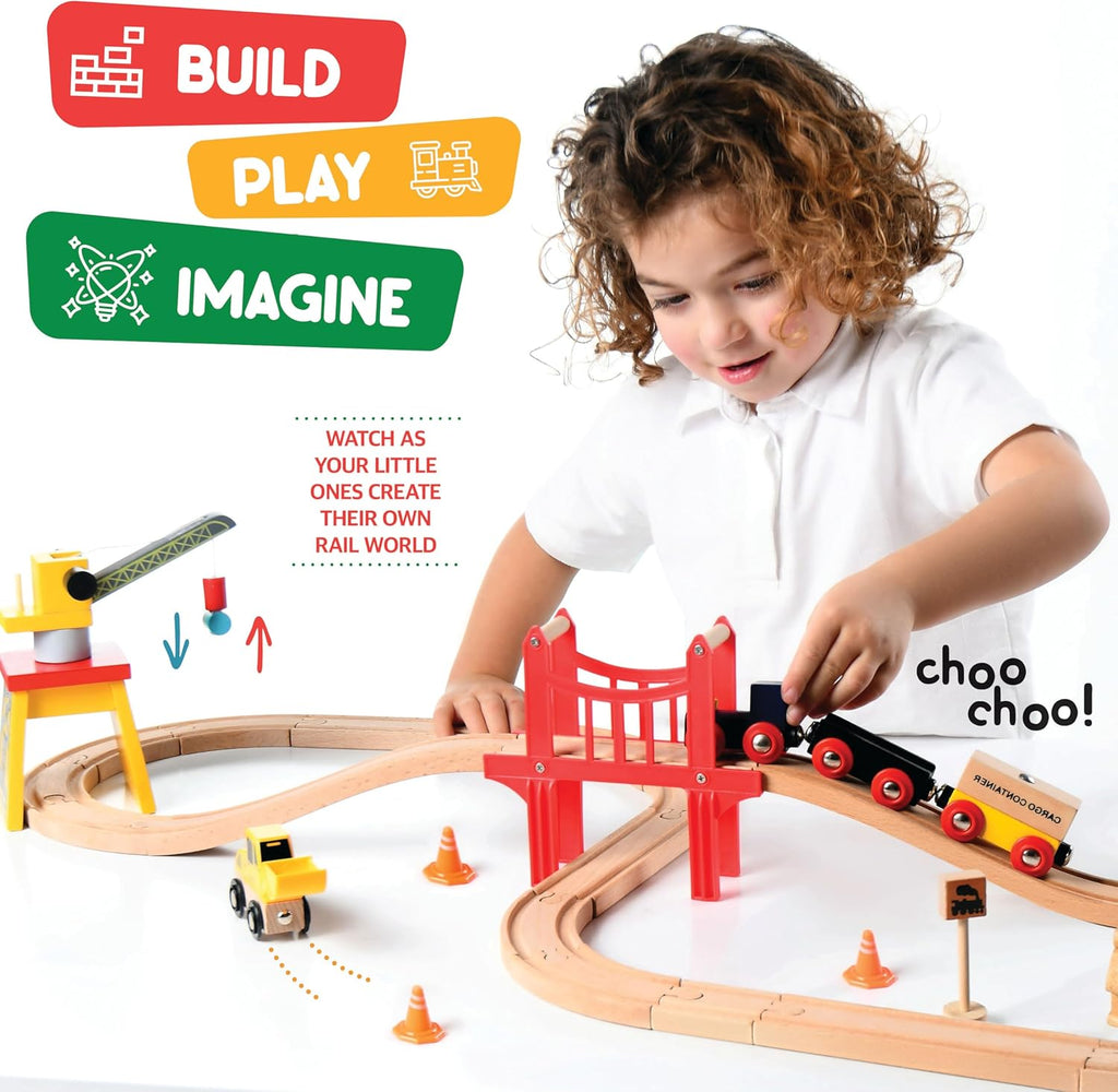 Wooden Train Set Toddler Toys - 38 Pieces Wood Train Track Set for Toddlers 3-4 Years with Crane, Bridge & Accessories