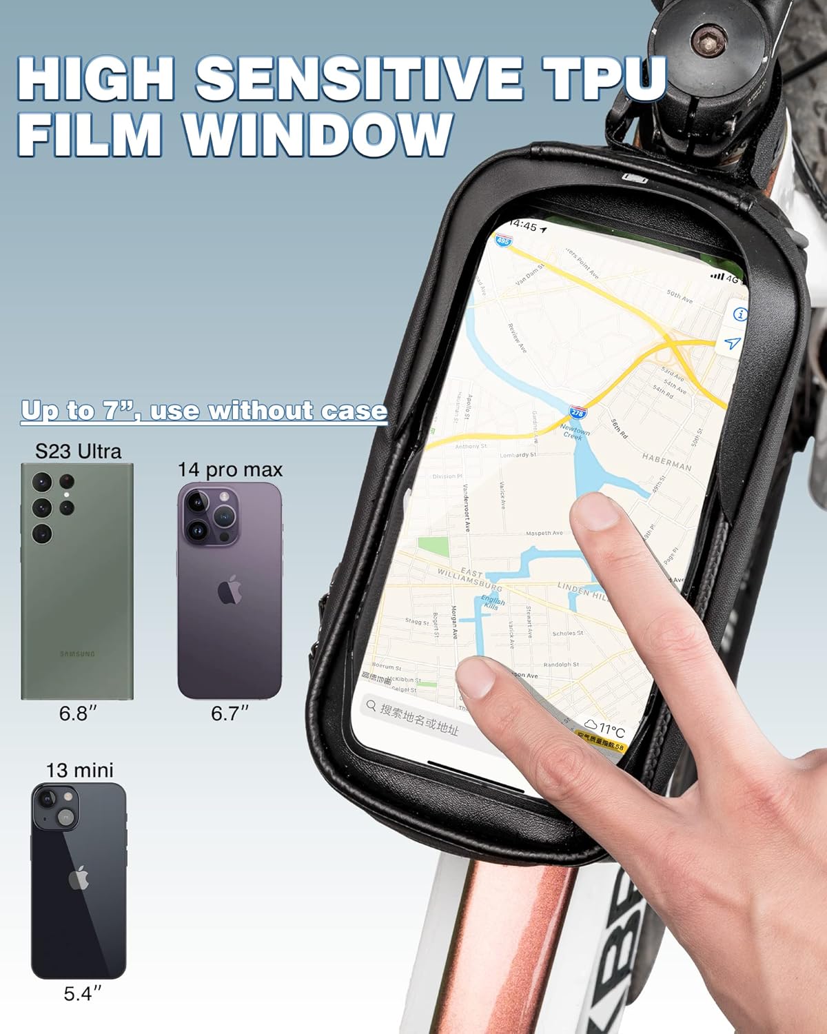 Bike/Bicycle Phone Front Frame Bag, Waterproof, Tube Cycling Pouch | E-Bike Accessories for Men Women Compatible