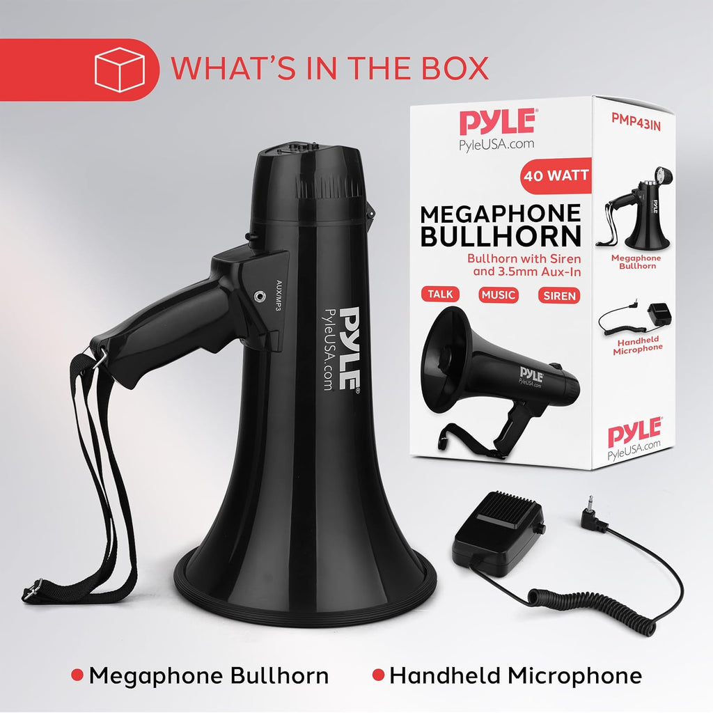 Megaphone Speaker PA Bullhorn - Built-in Siren 40 Watts Adjustable Vol Control & 1000 Yard Range - Football Soccer