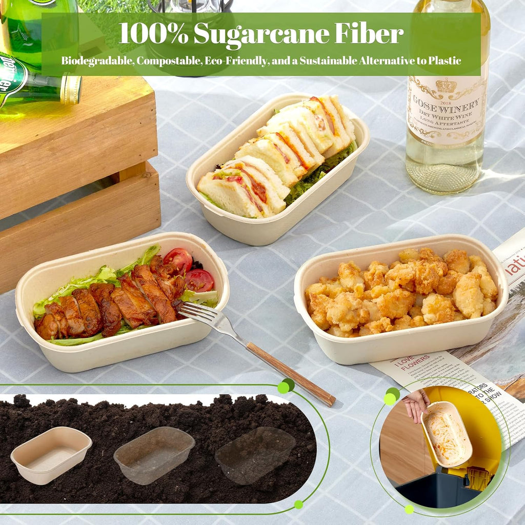 [100% Eco-Friendly] Disposable Food Containers with Lids – Sugarcane Pulp Take Out Boxes, Biodegradable, Compostable