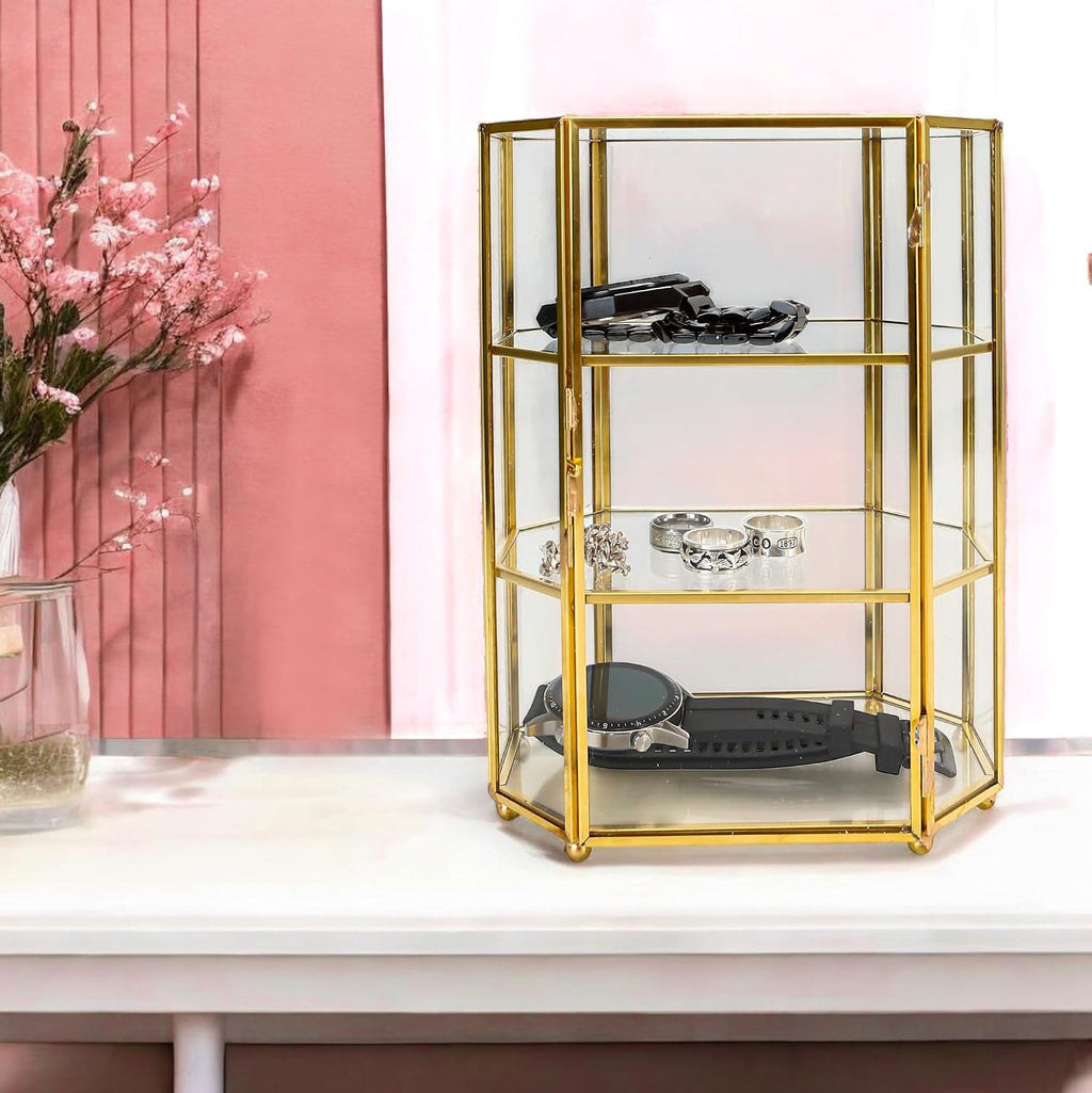 Glass Jewelry Display Case 6.7x4x8.4 inches Small Cabinet, 3-Tier Geometric Box Keepsake Trinket for Rings, Earrings