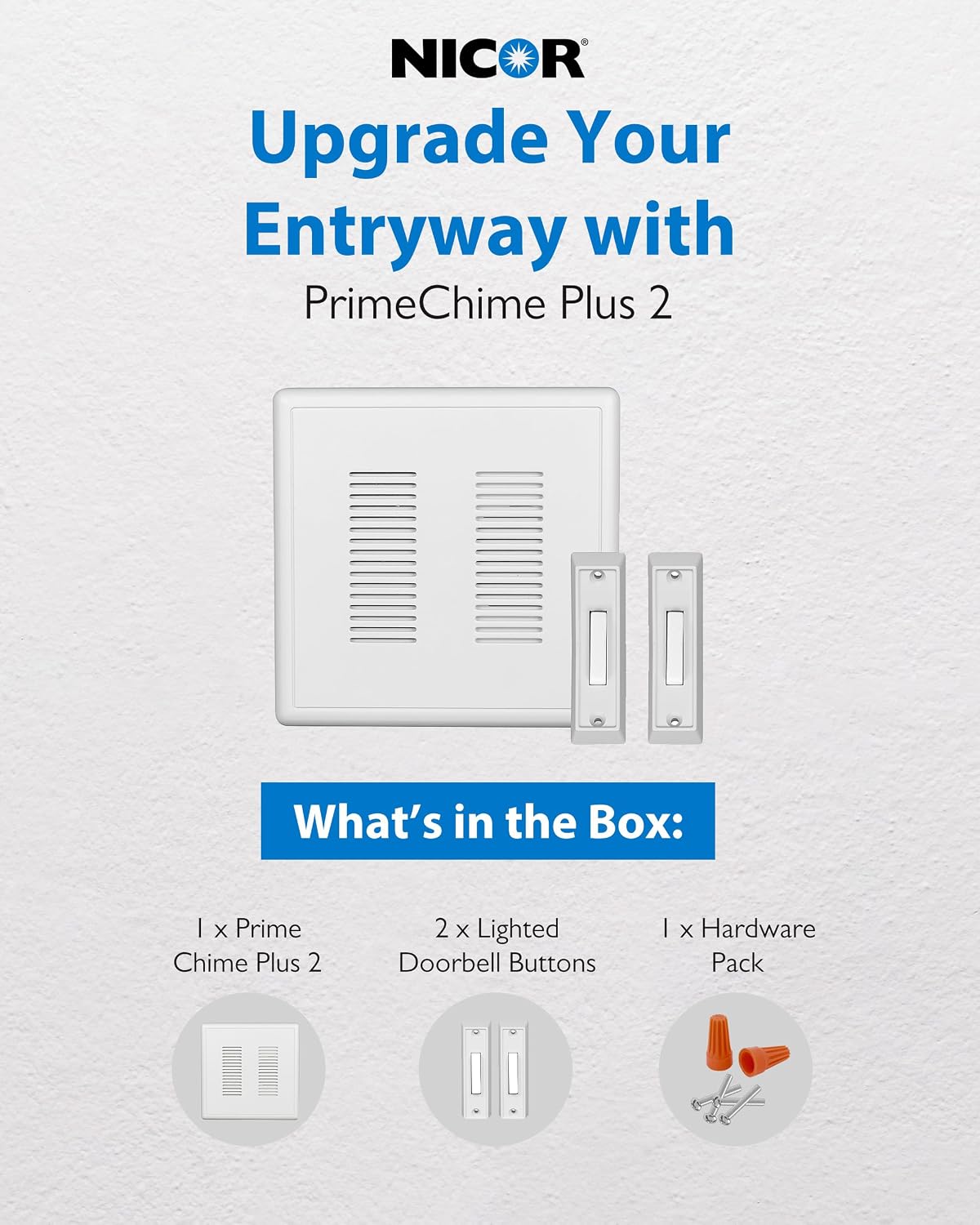 PrimeChime Plus 2 Electric Doorbell Kit - Doorbells for Home - Includes Selectable Ring Chimes - Basic Button, White