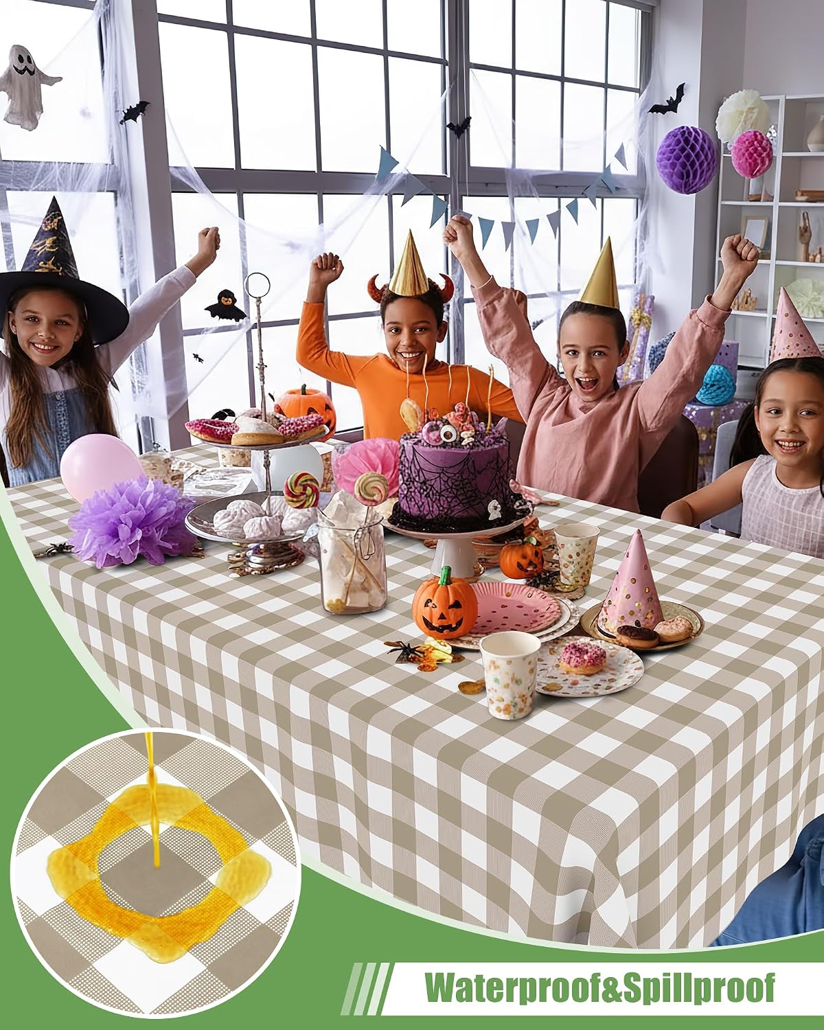 8 Packs Gingham Disposable Table Cloth, 54 x 108 Inch Waterproof Plastic Tablecloth, Rectangle Khaki and White
