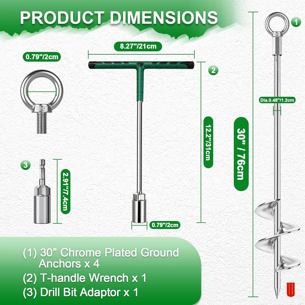 30" Heavy Duty Ground Anchors Screw in – 4 Pack Shed Anchor Kit with T-Handle & Drill Bit Adaptor, Chrome Plated