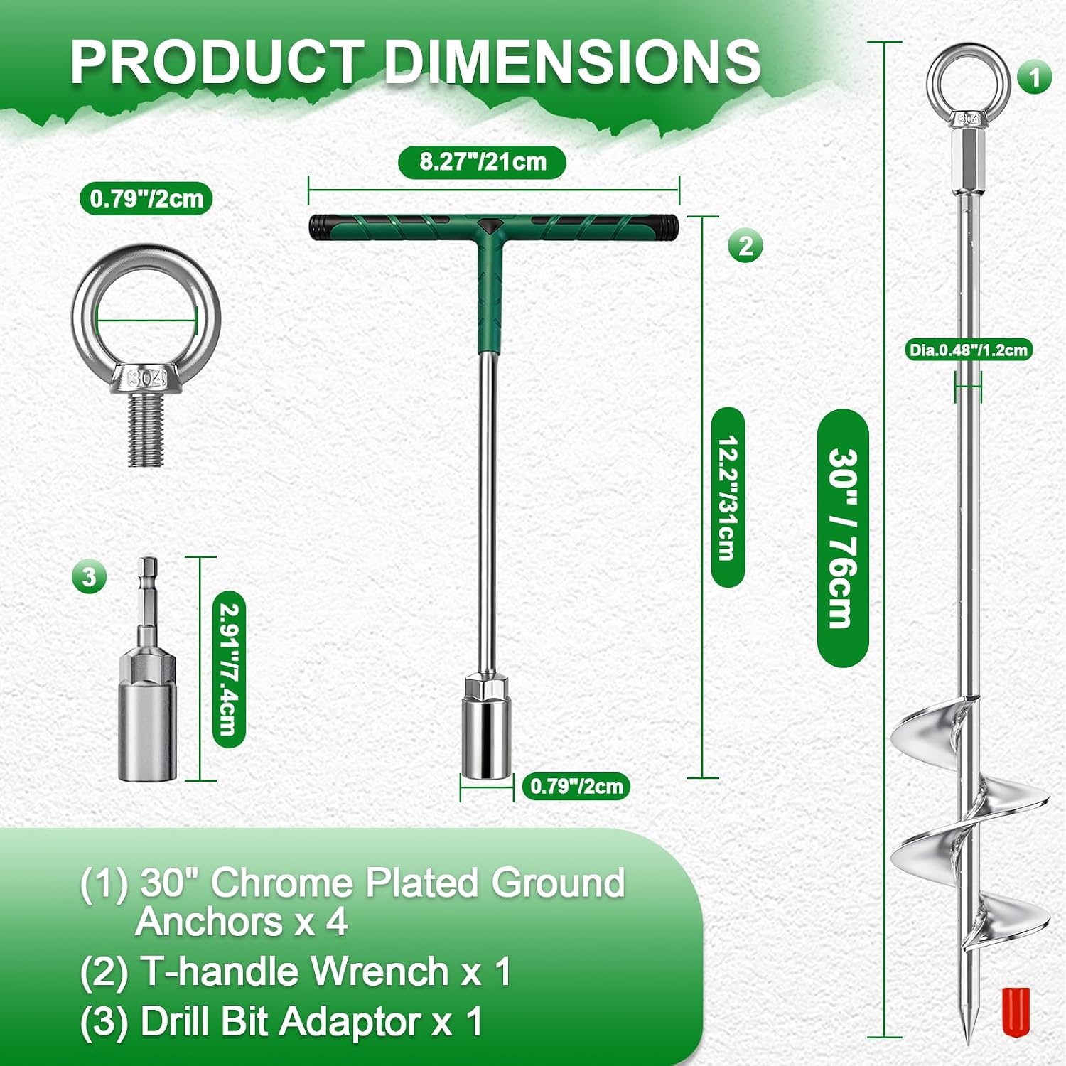 30" Heavy Duty Ground Anchors Screw in – 4 Pack Shed Anchor Kit with T-Handle & Drill Bit Adaptor, Chrome Plated