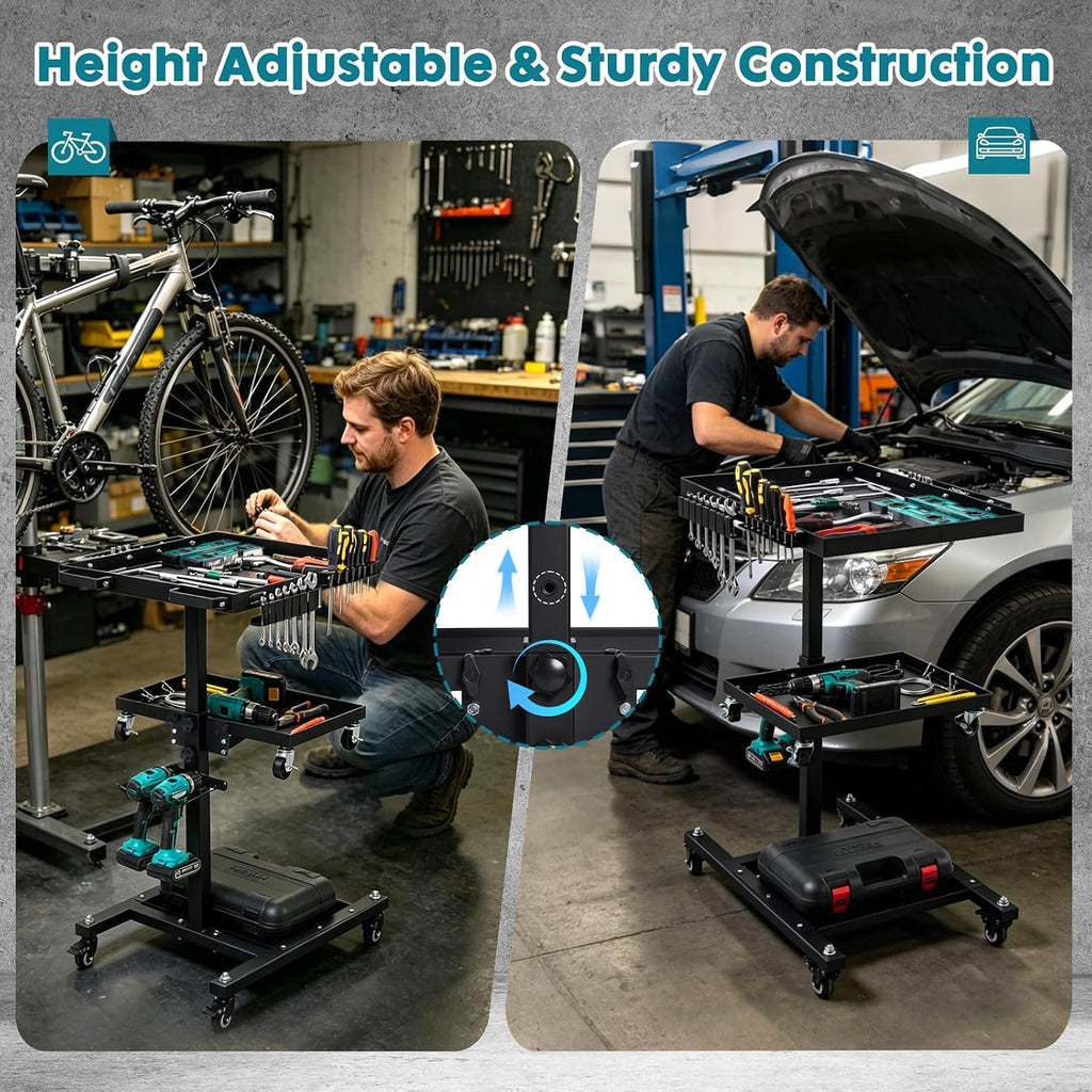 3-Tier Rolling Work Table, Adjustable Height Tool Cart with Wheels | Portable Mechanic Organizer with Drill Storage