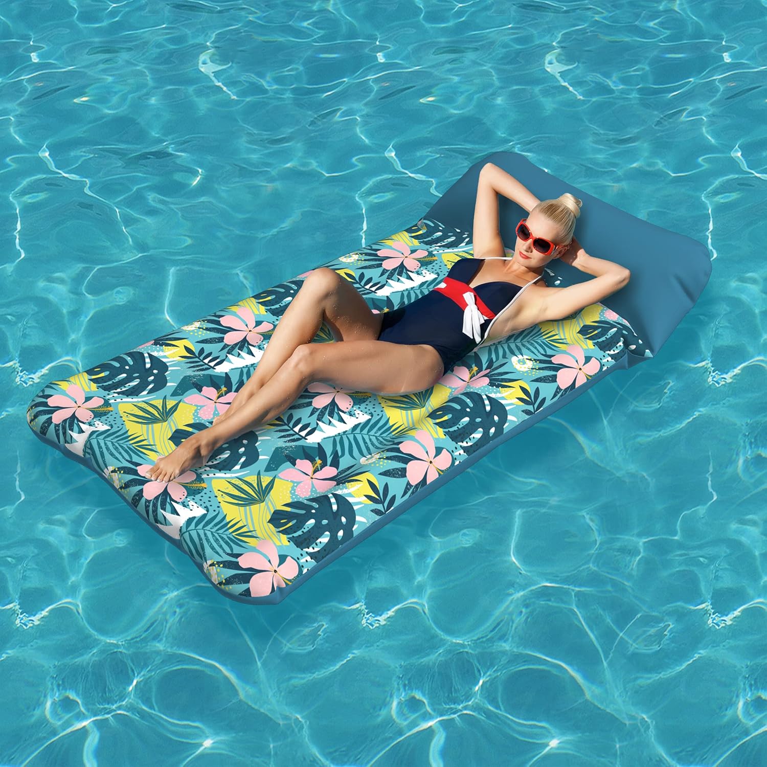 Oversized Pool Float Lounge Fabric-Covered 73" x 39", Inflatable Tanning Pool floaties for Adults, Pool Raft Lounger