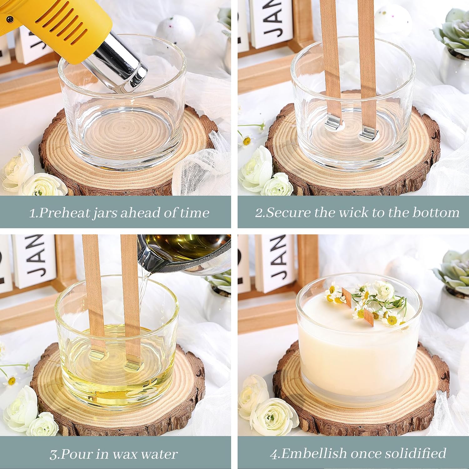 6 Pack 16oz Clear Wide Mouth Glass Candle Jars | Airtight Bamboo Lids, Sticky Warning Labels