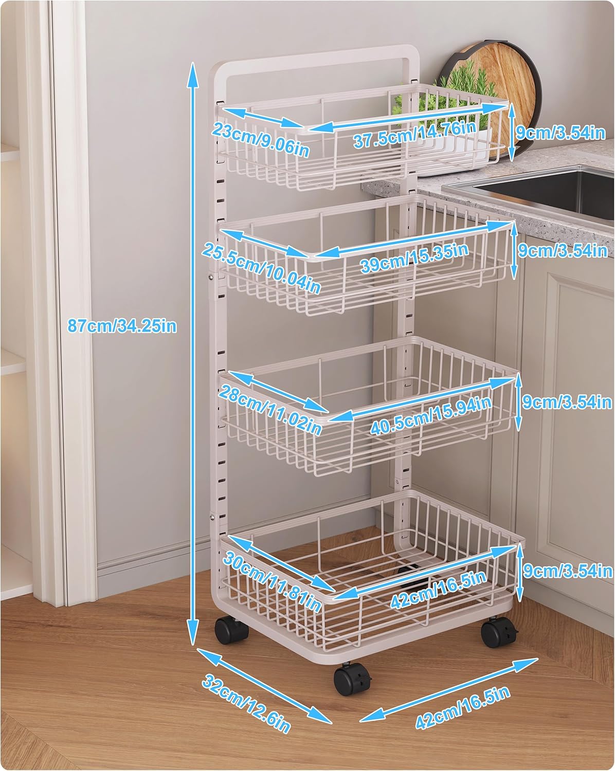 4-Tier Kitchen Storage Cart Metal Snack Cart Adjustable Fruit Basket on Wheels Stand Baskets for Potato Onion Produce