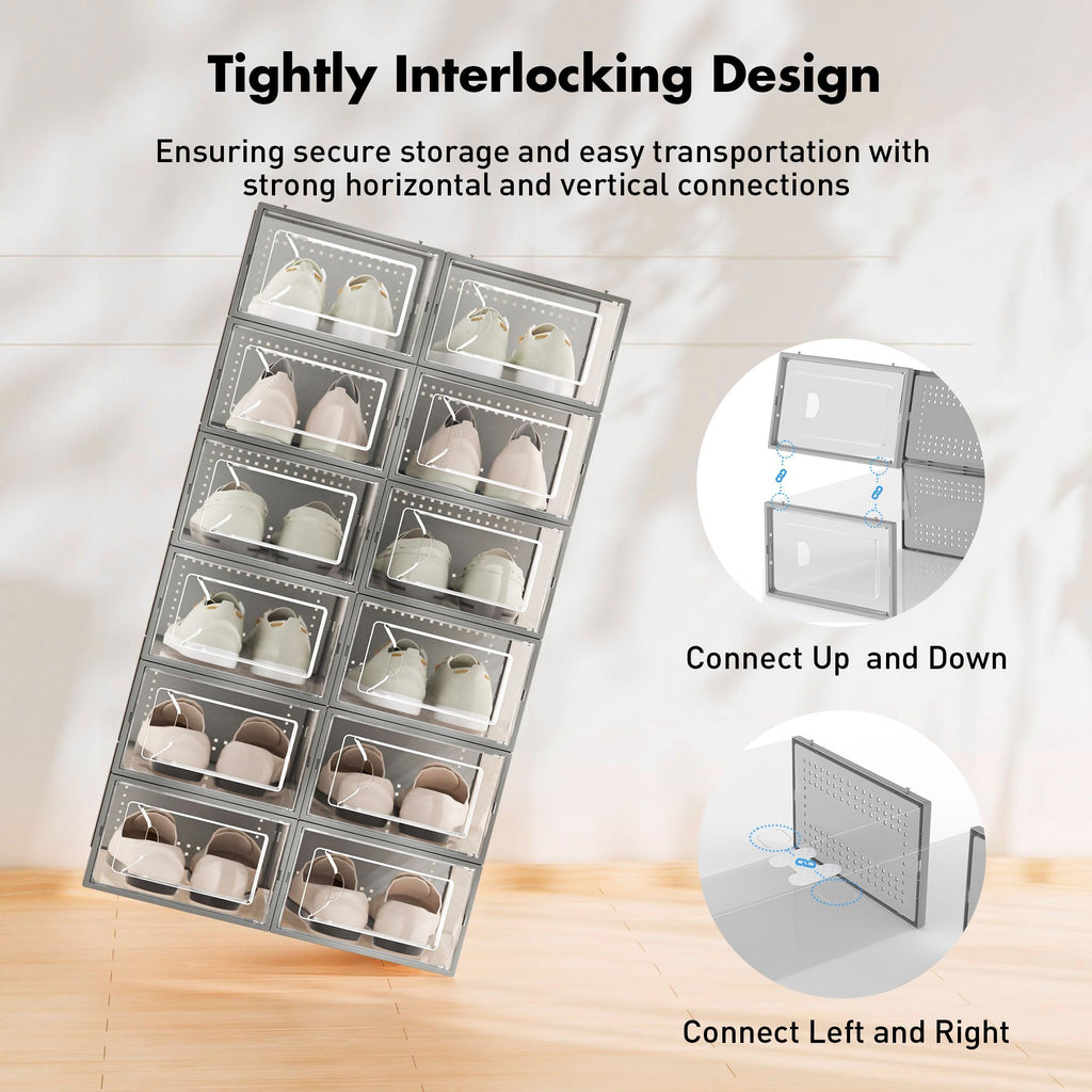 Shoe Storage Box, 15 Pack Clear Plastic Stackable Organizer for Closet, Interlocking Design Shoes Container Bins for