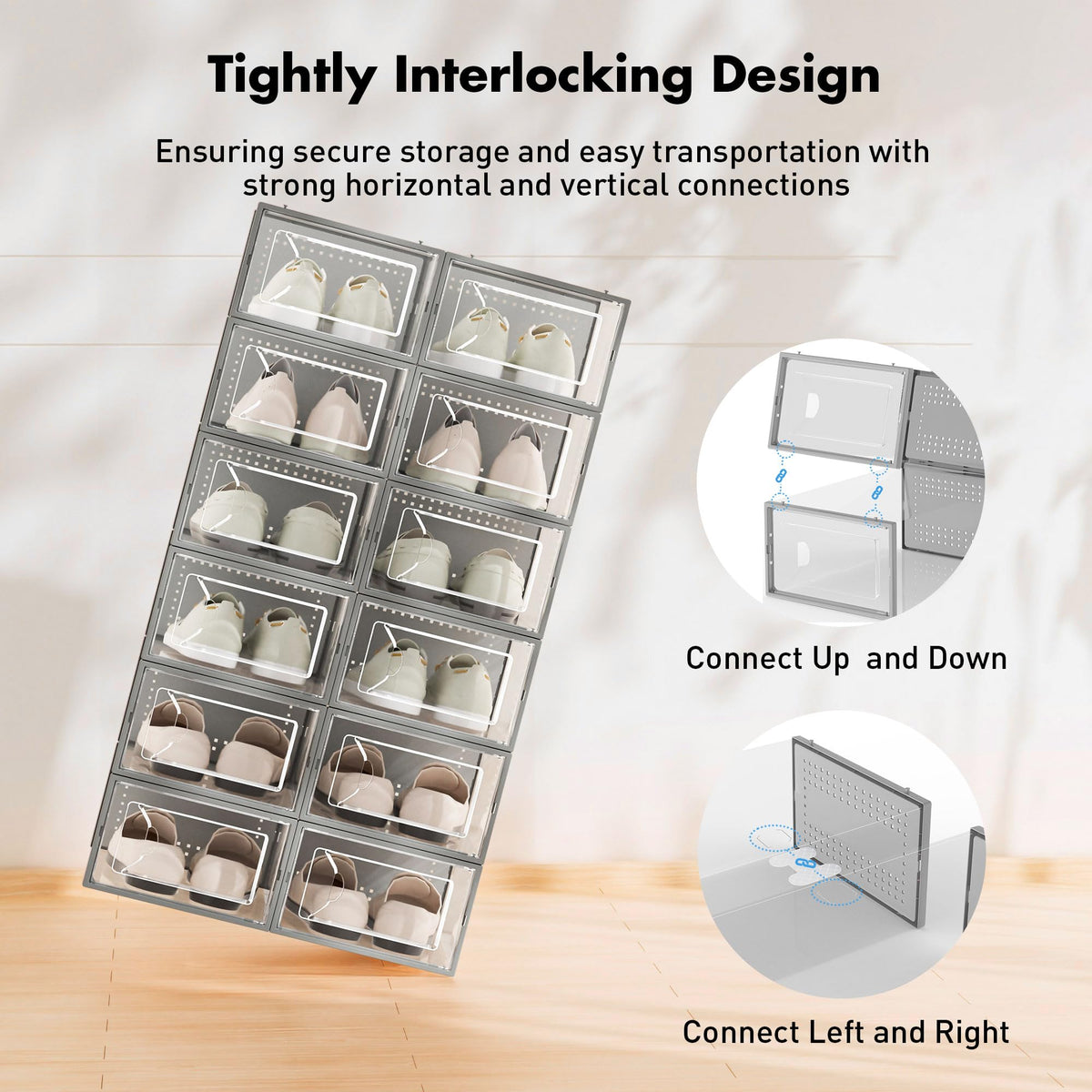 Shoe Storage Box, 15 Pack Clear Plastic Stackable Organizer for Closet, Interlocking Design Shoes Container Bins for