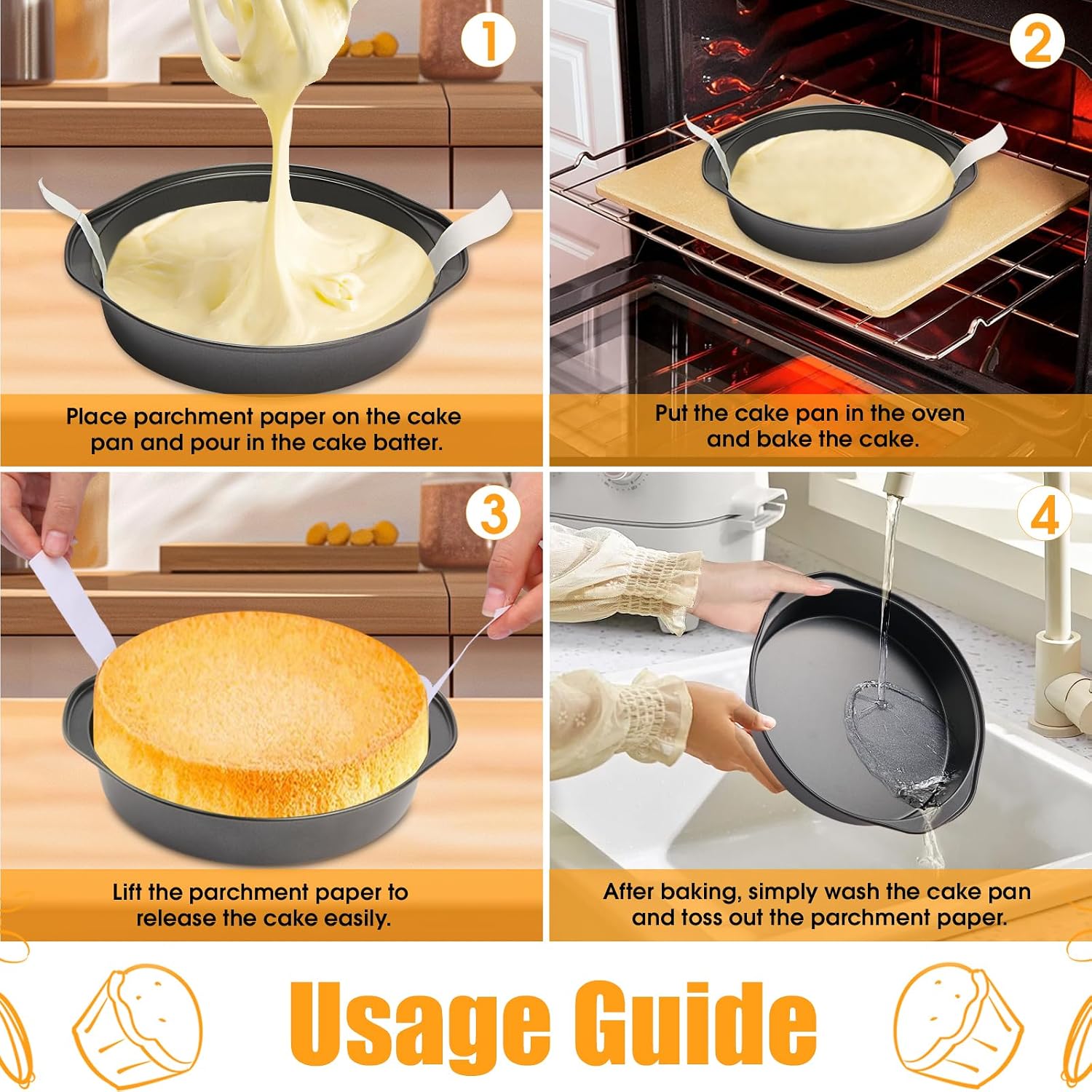 8" Round Cake Pan, 3PCS Nonstick Cake Pans with 100 PCS Parchment Paper, Carbon Steel Cake Baking Pans with Handle