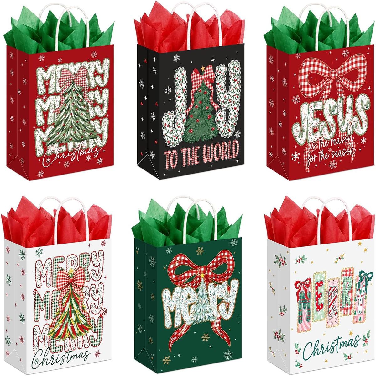 24 Pcs Christmas Gift Bags with Tissue Paper,Classic
