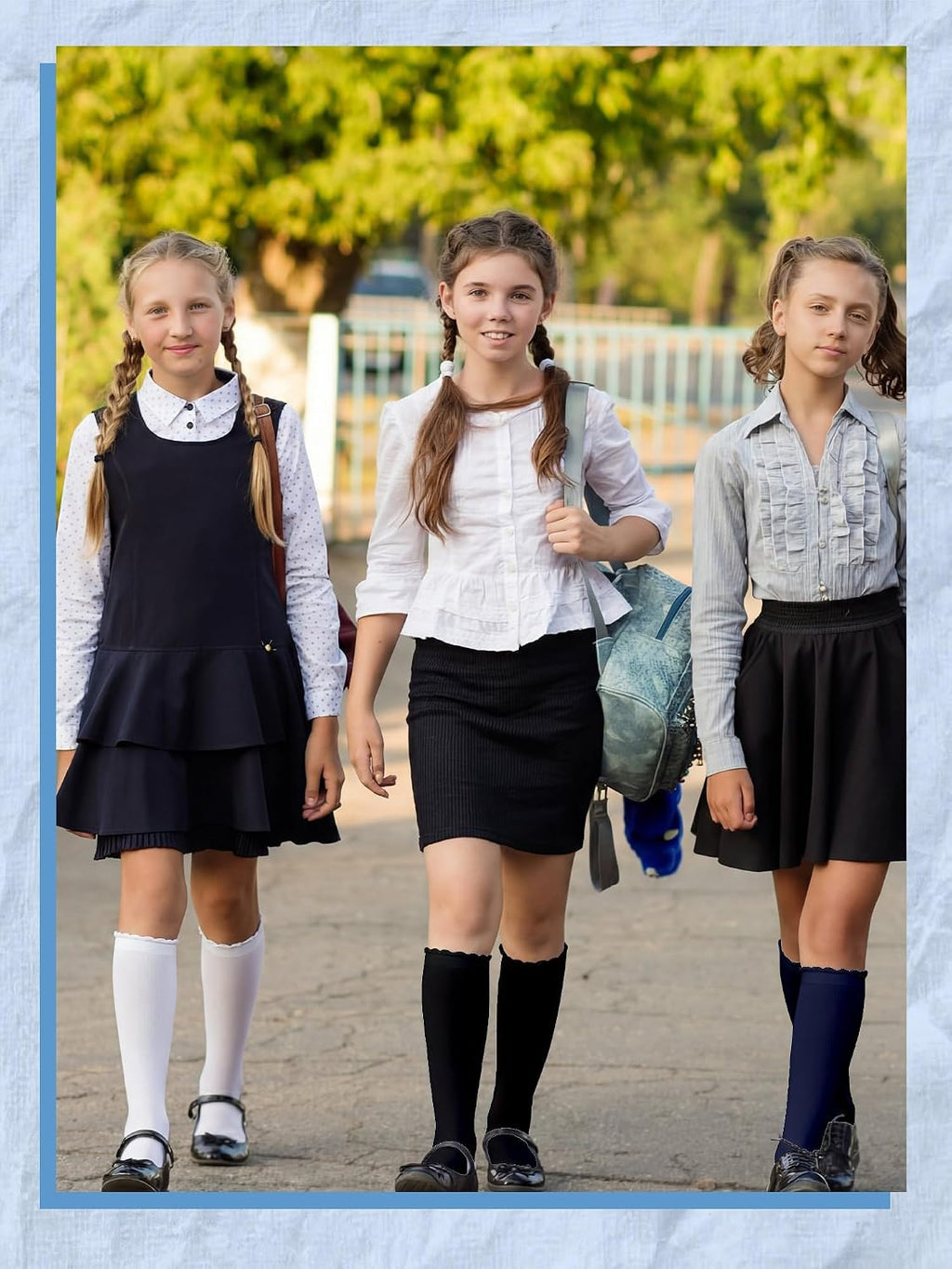 6 Pack Ruffle Knee High Socks School Uniform Dress Scallop Socks Seamless Cotton for Girls Black White Navy Blue