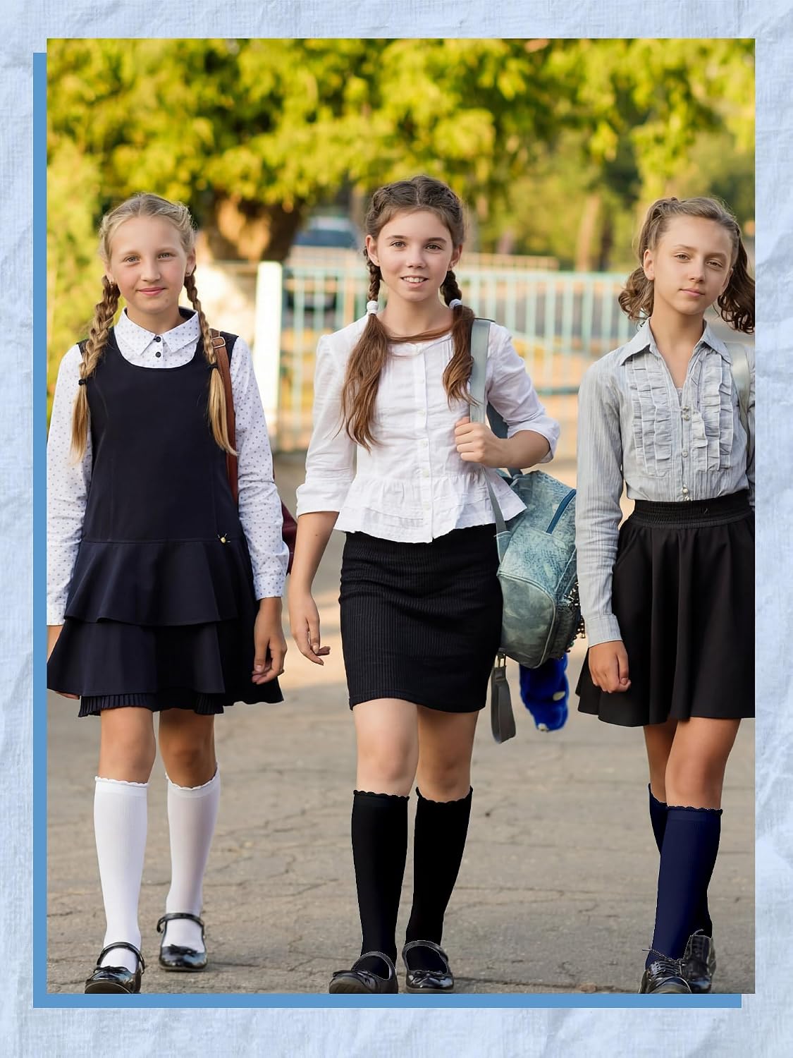 6 Pack Ruffle Knee High Socks School Uniform Dress Scallop Socks Seamless Cotton for Girls Black White Navy Blue