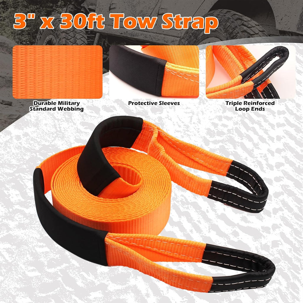 Offroad Recovery Strap Kit, 3" x 30ft Tow Strap+ Shackle Hitch Receiver 2 inch 42000 Lbs+D Ring Shackles+Bag, 4x4