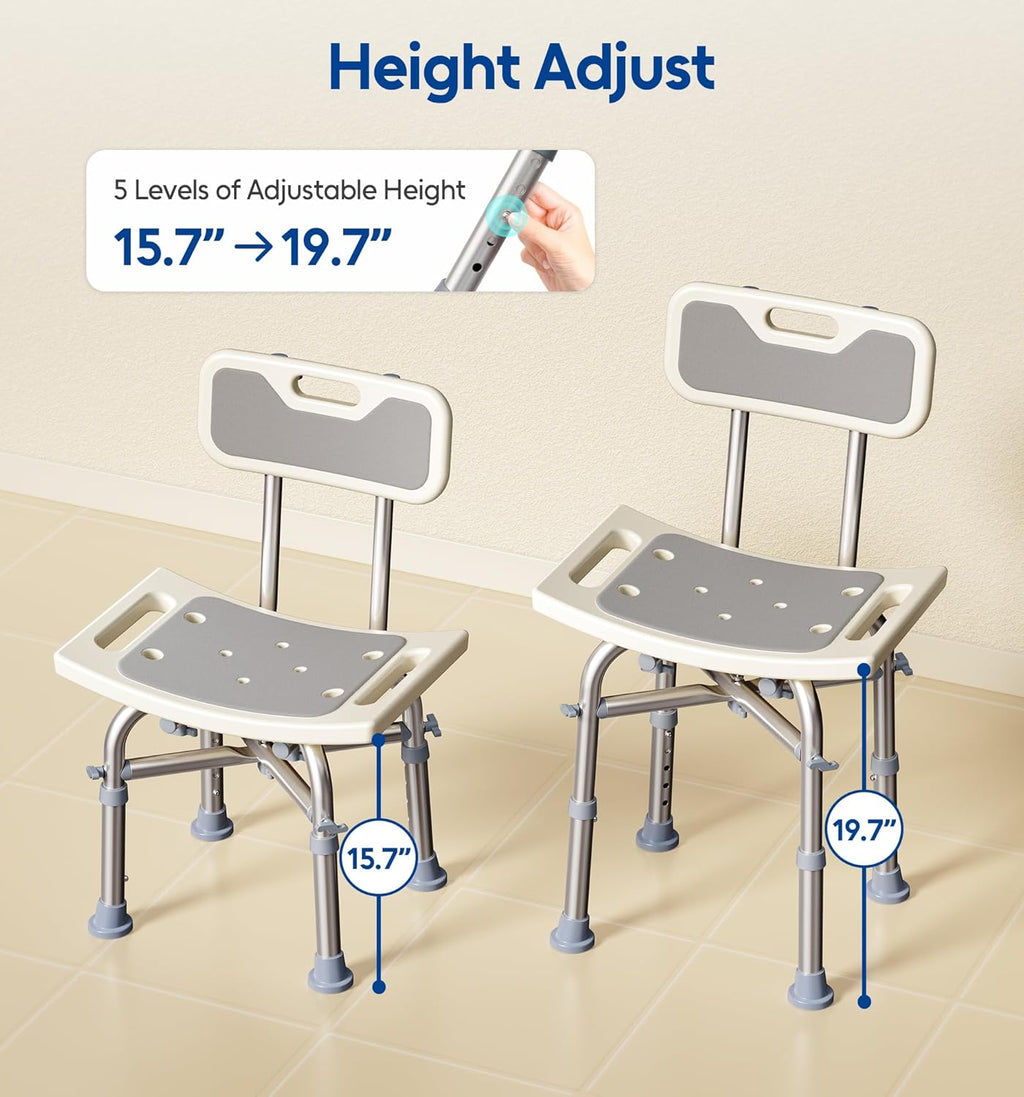 Shower Chair with Back for Elderly and Disabled, Shower Seat Bench Stool, Adjustable Height, 350 lbs Capacity
