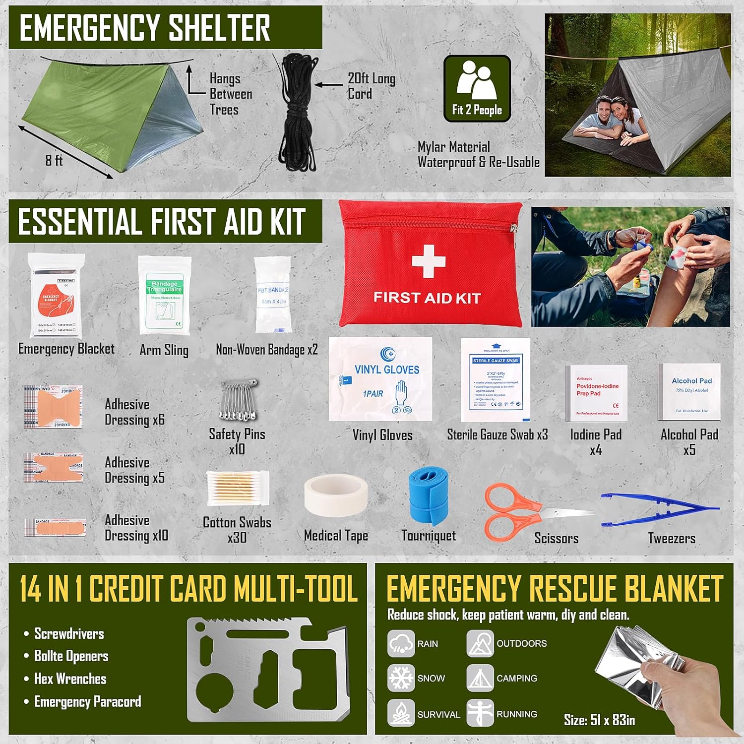 Survival Kit, 268 Pcs Emergency Survival Gear and Equipment Supplies with First Aid Kit, Camping Axe, Headlamp