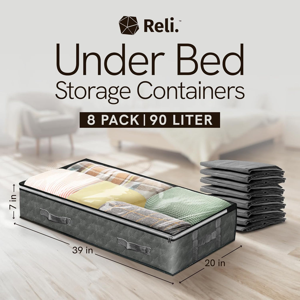 90L Under Bed Storage Containers (8 Pack) | Closet Organizer with Clear Window | Underbed Storage Bins for Towels