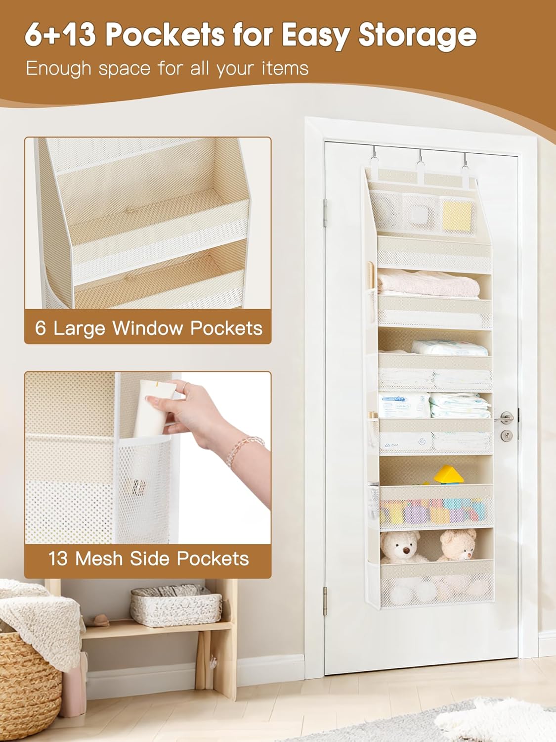 Over the Door Organizer, 6-Shelf Closet Hanging Storage with 13 Mesh Pockets, 55lbs Capacity Behind the Door Storage