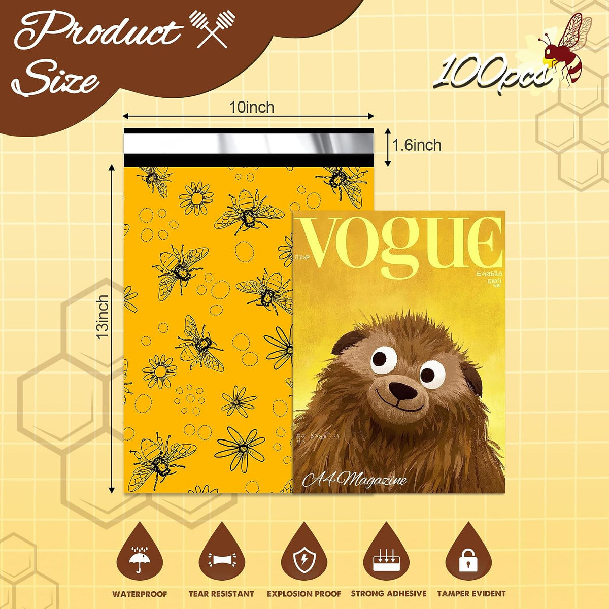 Cute Poly Mailers 10x13 Inch 100 Pcs, Bees Printed