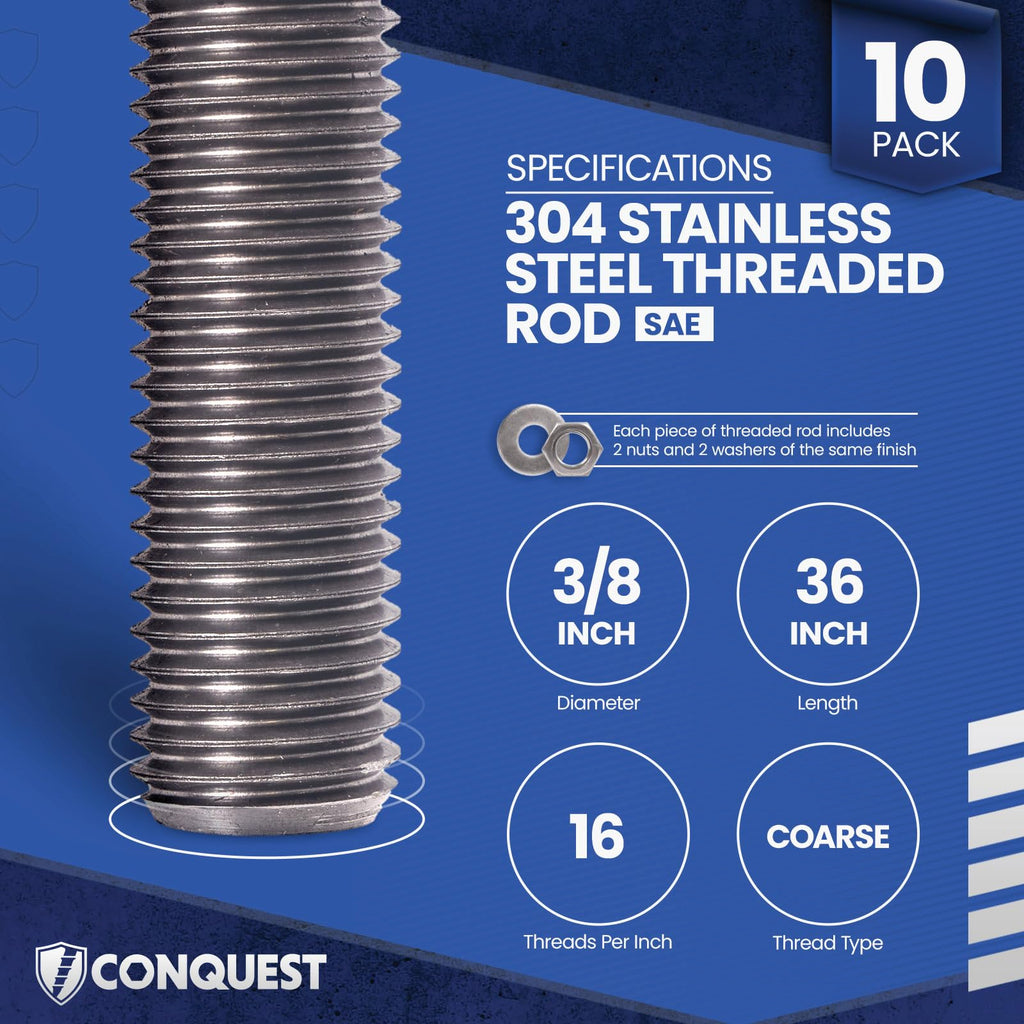 Conquest Type 304 Stainless Steel Threaded Rod 3/8"-16 x 36