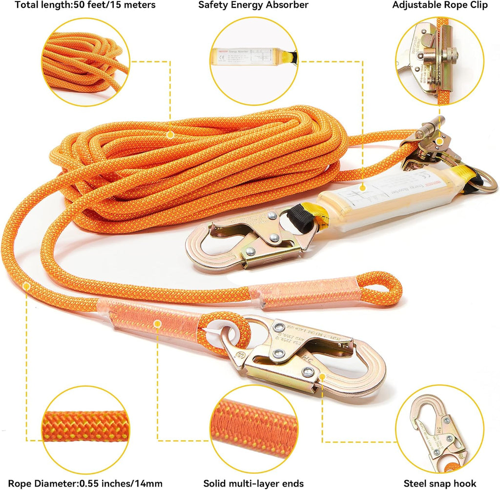 Fall Protection Safety Rope 150FT Roofing Harness Safety Lanyard | Tree Climbing Line Kit with Alloy Steel Grab Snap