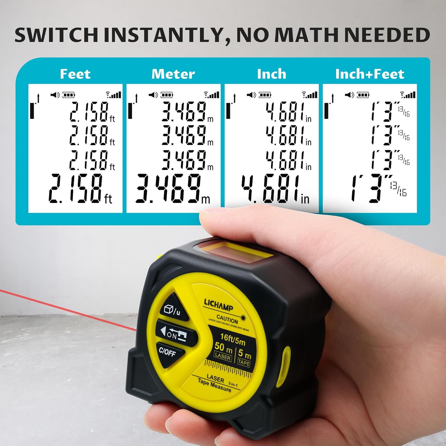 Laser Tape Measure, 164ft Class II Laser Distance Meter (0.49mW Red Laser) and 16ft Manual Tape Measure