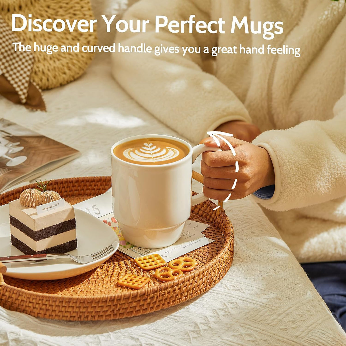 21 Oz Large Mug Set, Porcelain Stackable Mugs Sets of 6, Coffee Cups with Handle for Coffee, Tea and Mulled Drinks