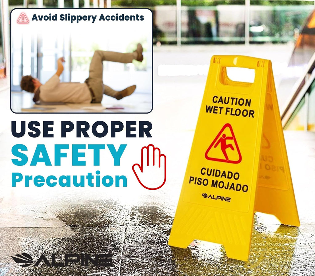 Wet Floor Sign 6 Pack - 24 Inch, High Visibility Yellow Caution Slippery When Wet Sign - Bilingual Safety Warning to
