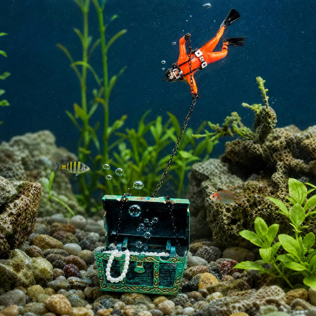 Live-Action Aquarium Ornament Creative Undersea Treasure Chest Diver Air Bubbler Aerating for Fish Tank Decorations