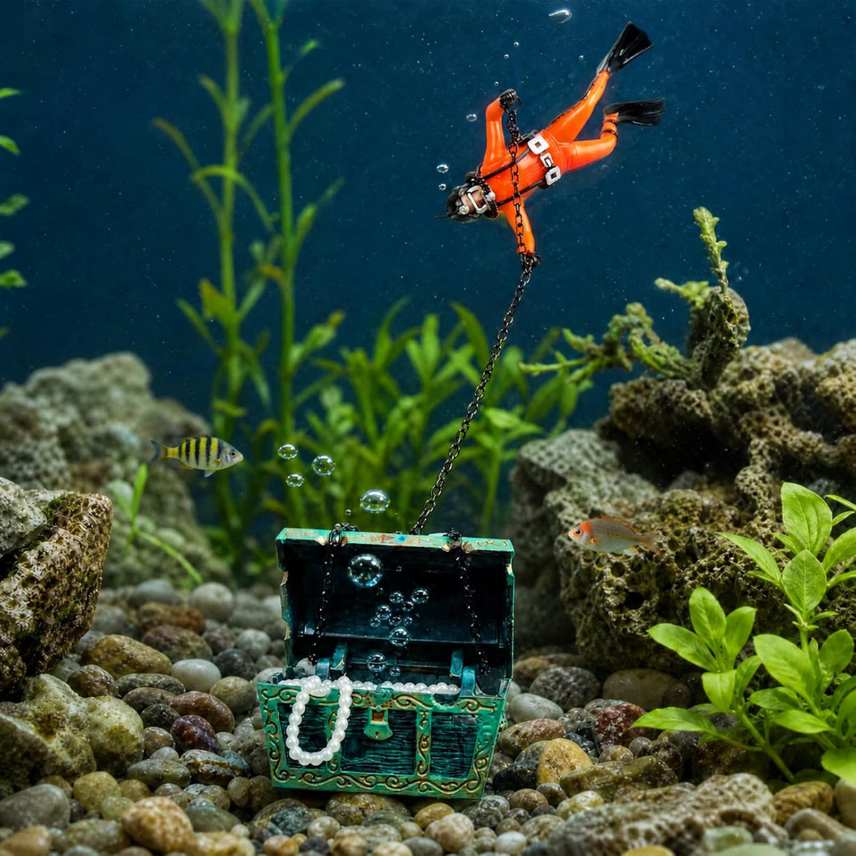 Live-Action Aquarium Ornament Creative Undersea Treasure Chest Diver Air Bubbler Aerating for Fish Tank Decorations