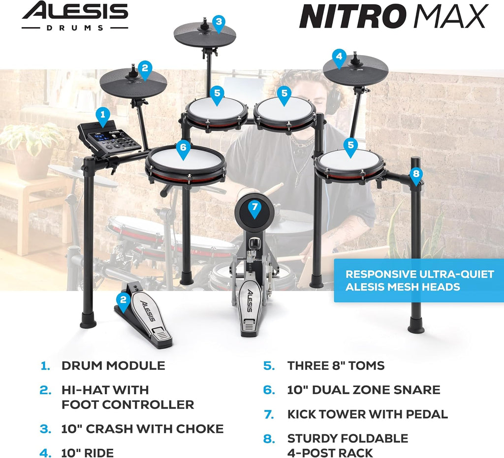 Nitro Max Electric Drum Set | 10" Dual-Zone Snare, 8" Toms, 10 "Cymbals, Quiet Mesh Heads, Bluetooth, 440+ BFD