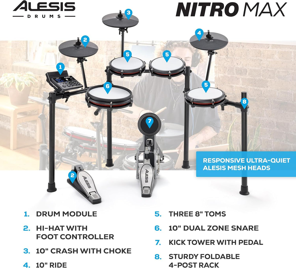 Nitro Max Electric Drum Set | 10" Dual-Zone Snare, 8" Toms, 10 "Cymbals, Quiet Mesh Heads, Bluetooth, 440+ BFD