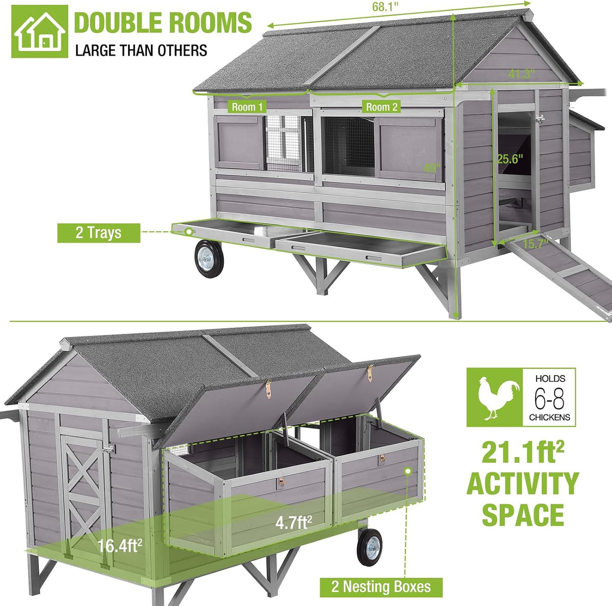 Chicken Coop with Super Large Wheels for 8-10 Chickens Mobile Duck House 68.1" L with Four Nesting Boxes, Four
