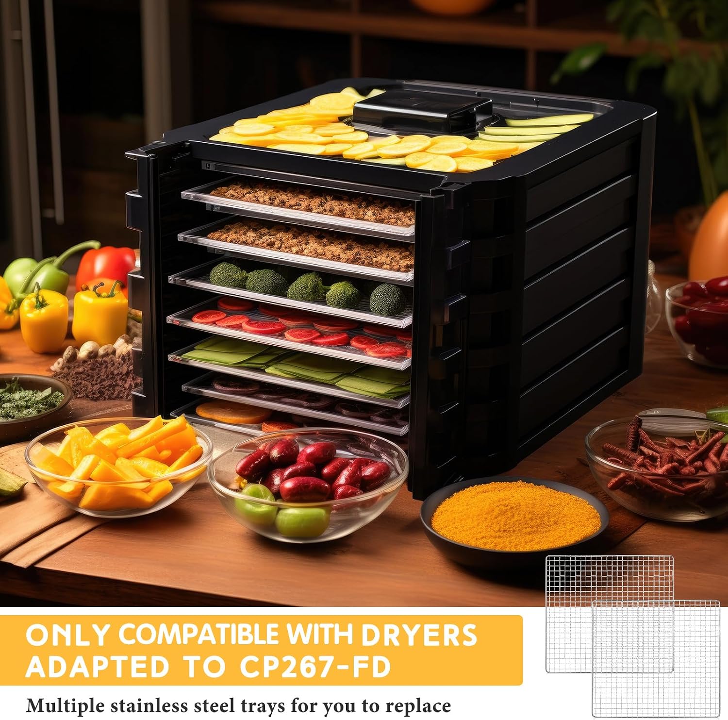 4 Pcs 13 x 12 Inches Dehydrator Trays Compatible with CP267-FD Only Stainless Steel Dehydrator Drying Mesh Screens