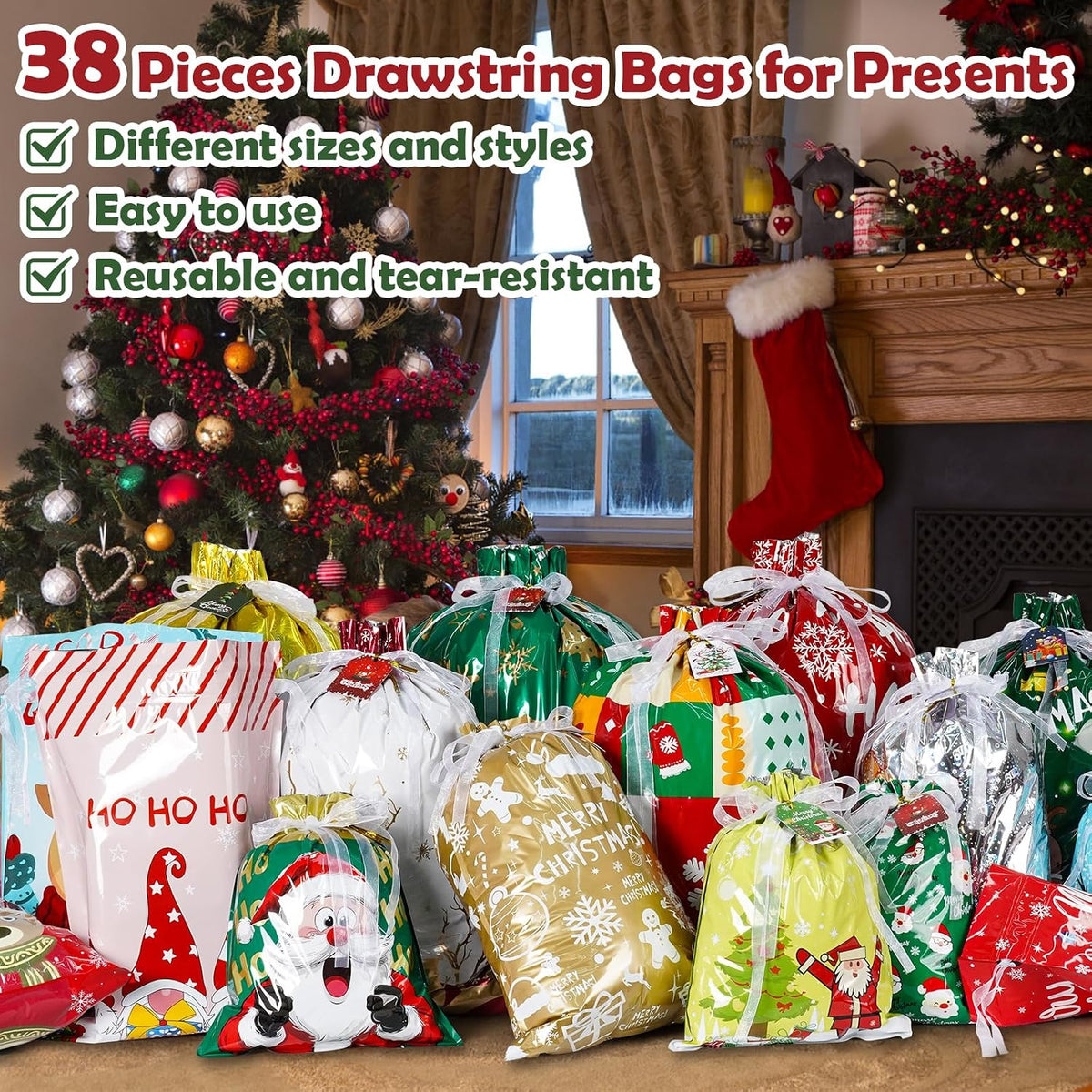 38PCS Christmas Drawstring Gift Bags, Xmas Gift Bags for Presents