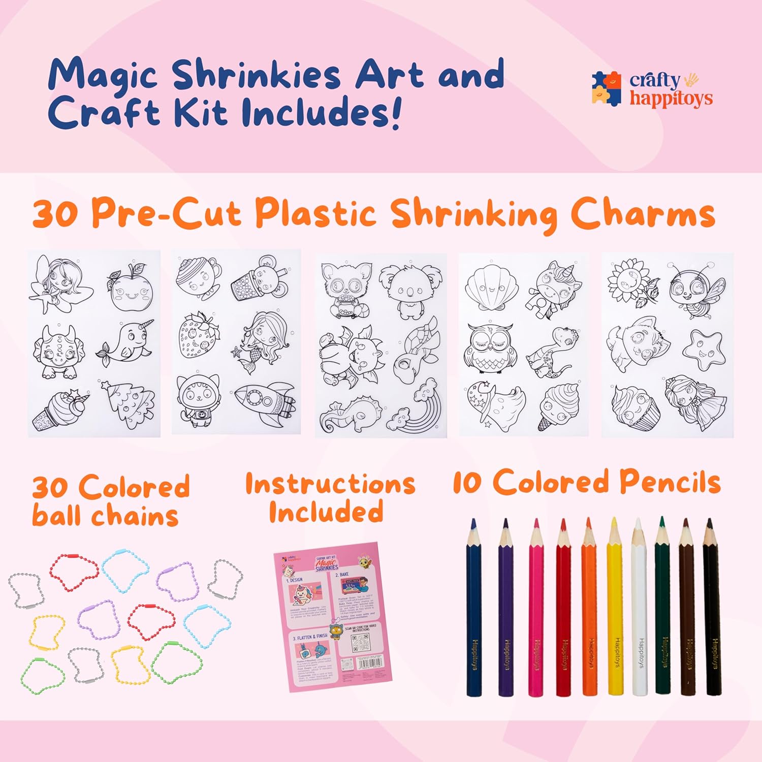 Shrink Art Sheets - Craft Kit for Kids - Art and Craft for Kids - Shrink Plastic Sheets with 30 Pre Cut Charms - DIY