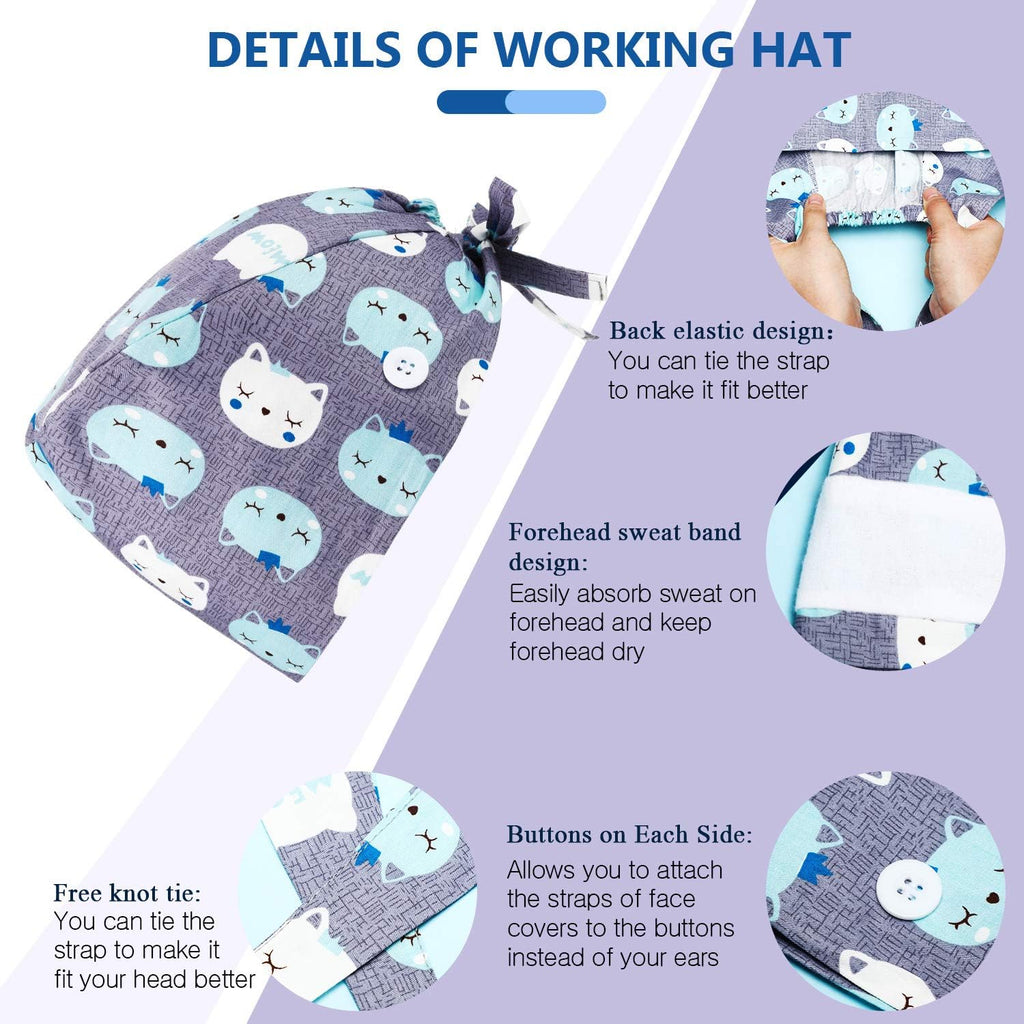 10 Pieces Women Scrub Caps Surgical Nurse Working Hats with Button and Sweatband Adjustable Elastic Nursing Bouffant