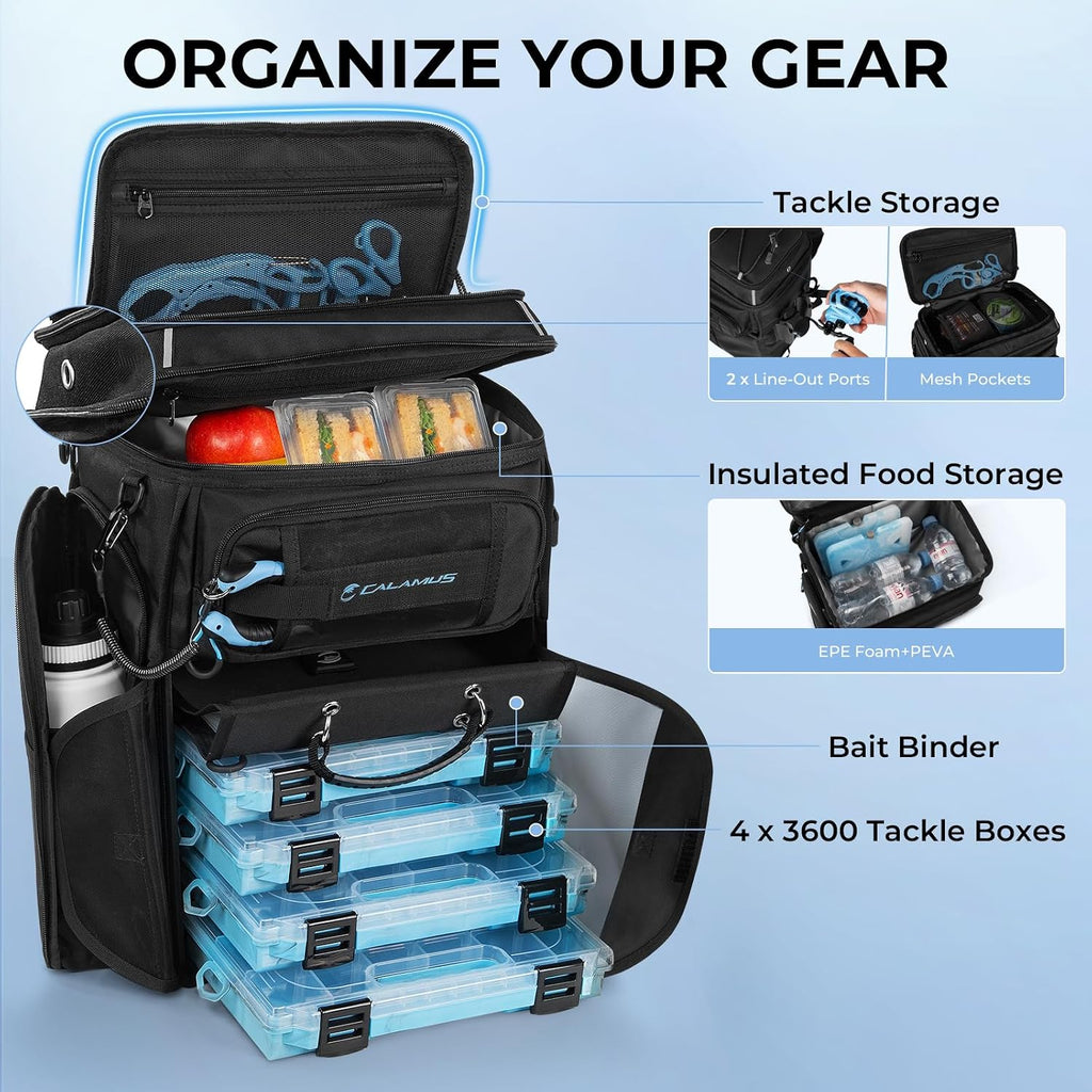 GearMaster Tackle Backpack with Bait Binder, Large Lightweight Water-Resistant Fishing Bag, Rod Holders, Food Storage