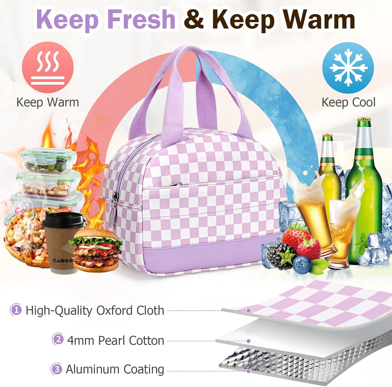 Purple Lunch Bag for Girls, Lunch Box Kids, Insulated LunchBox for Women | Cute Lunchbox, Aesthetic Lunch bag