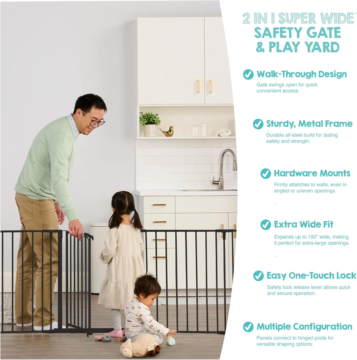 Safety 192" Super Wide Baby Gate & Play Yard, 2-in-1 Convertible Extra Wide Safety Barrier, Hardware Mounted for
