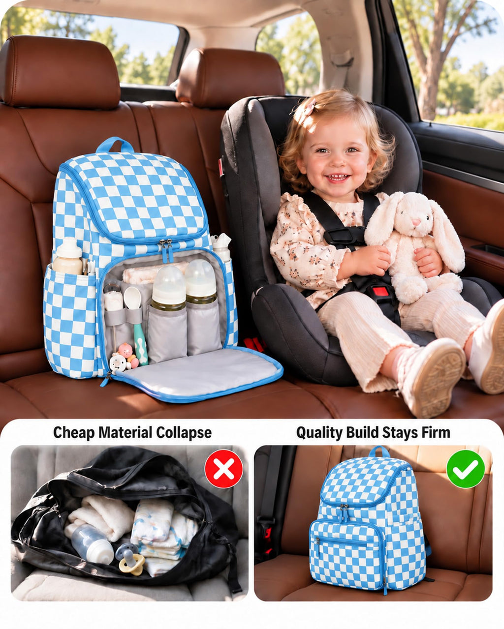 Checkered Diaper Bag Backpack with Changing Pad & Stroller Clips